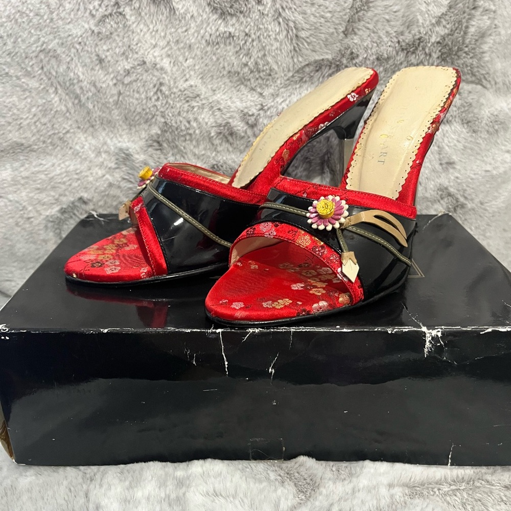 Colin Stuart Metal Heels, mules, slip on Chinese blossoms.